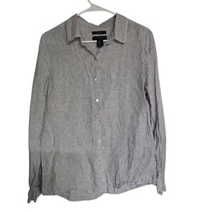 Tahari Women Long Sleeve 100% Linen Button Shirt Top Blue Size Large Stripe